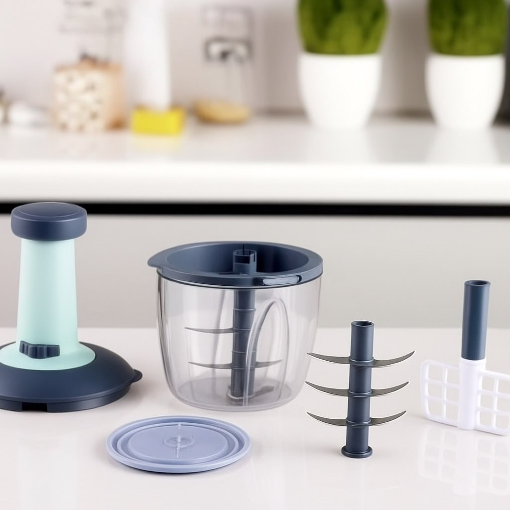 2 in 1 Vegetable Chopper 1100 ml with 6 Stainless Steel Blades – Manual Push Chopper for Onion, Tomato, Mirchi, Fruits & Vegetables