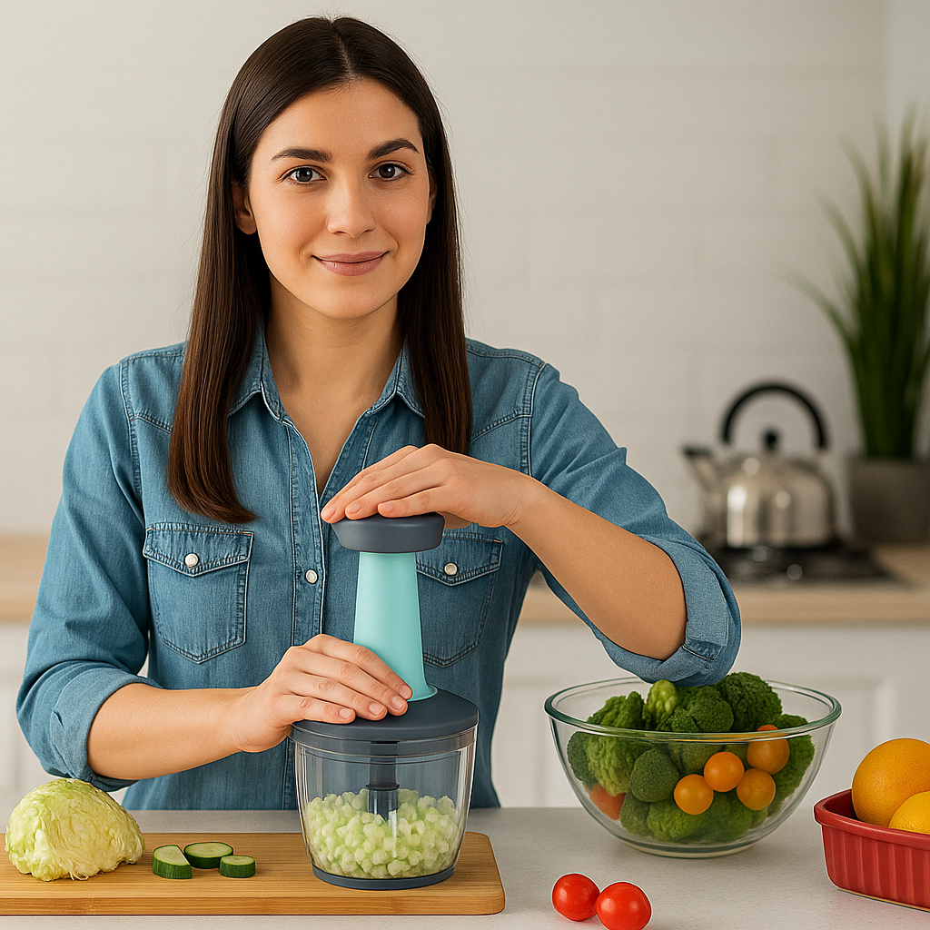 2 in 1 Vegetable Chopper 1100 ml with 6 Stainless Steel Blades – Manual Push Chopper for Onion, Tomato, Mirchi, Fruits & Vegetables