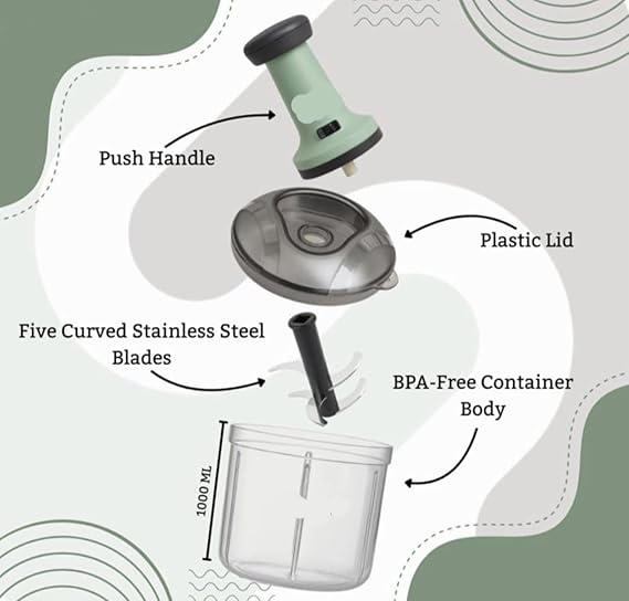 2 in 1 Vegetable Chopper 1100 ml with 6 Stainless Steel Blades – Manual Push Chopper for Onion, Tomato, Mirchi, Fruits & Vegetables