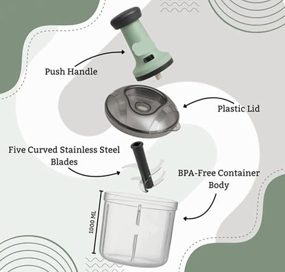 2 in 1 Vegetable Chopper 1100 ml with 6 Stainless Steel Blades – Manual Push Chopper for Onion, Tomato, Mirchi, Fruits & Vegetables